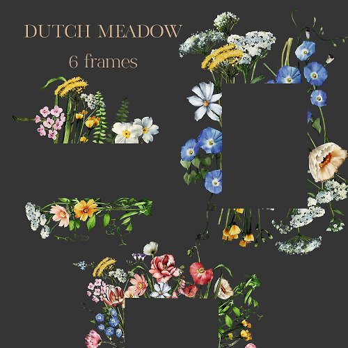 Whiteheartdesign Wild Flowers Watercolor Floral Frame Clipart Golden Age Dutch Style PNG Meadow