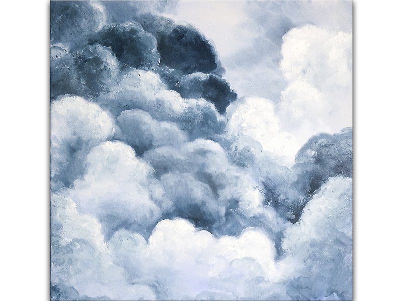 Clouds Painting Sky Original Art Oil on Canvas Original Hand-Painted - โปสเตอร์ - วัสดุอื่นๆ สีน้ำเงิน