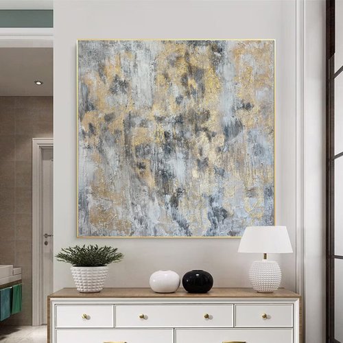 抽象的な白と金箔のアクリル絵画オリジナル壁掛けアートワーク