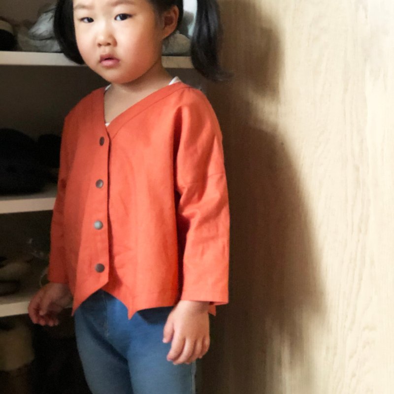 春夏秋三季-甜橘色亞麻開衫小外套罩衫 - 男/女童外套 - 棉．麻 橘色