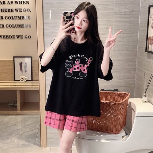 PINK LADY Pink Lady 棉柔成套睡衣 點點小貓 落肩短袖 兩件式女睡衣 居家服
