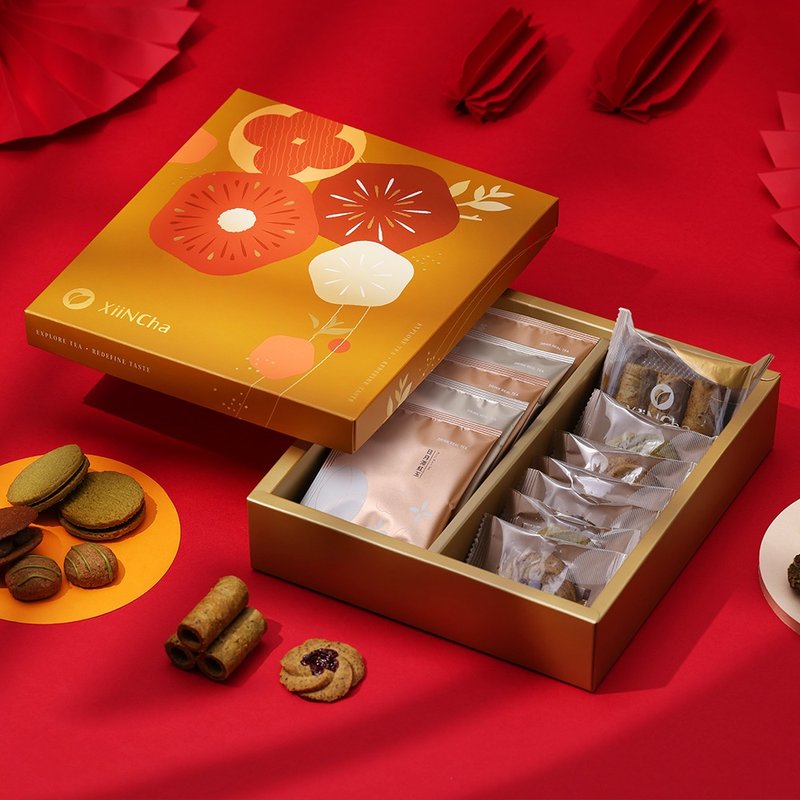 新年禮盒 | 焙茶三明治餅&金萱曲奇&京番球餅&台灣茶包 燙金12入 - 手工餅乾 - 新鮮食材 多色