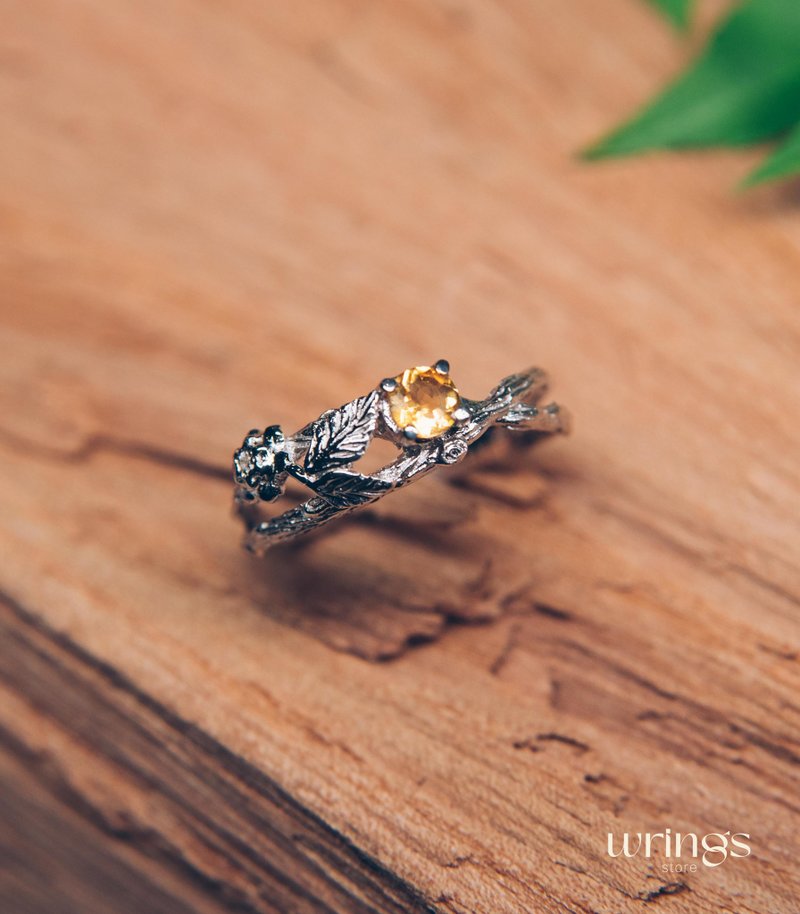 Vivid Citrine on a split Branch Engagement Ring Silver Leaves & Flower on Twig - General Rings - Silver 