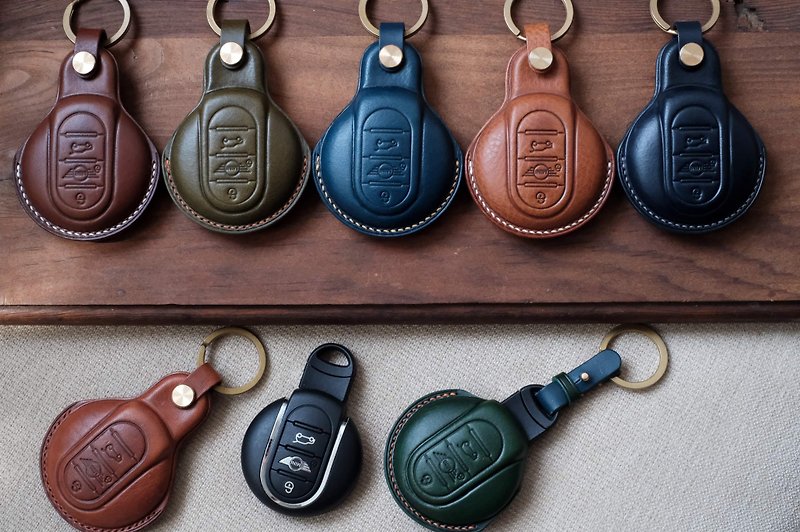 Handmade Leather mini cooper  key Case.Car Keychain.Car Key Cover Holder. - Keychains - Genuine Leather Multicolor