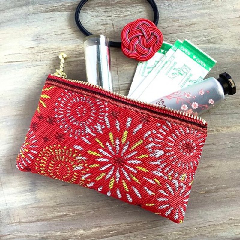 ミニポーチ【花火】畳縁製　小銭入れ　カードケース　赤　夏　お祭り - 化妝包/收納袋 - 其他材質 紅色