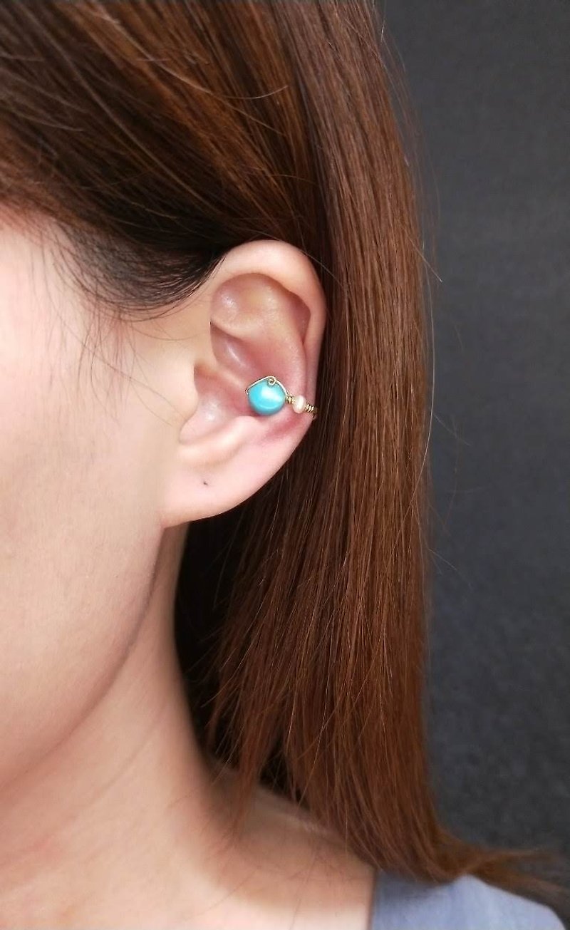 耳環。土耳其石*珍珠黃銅耳骨夾 - 耳環/耳夾 - 銅/黃銅 藍色