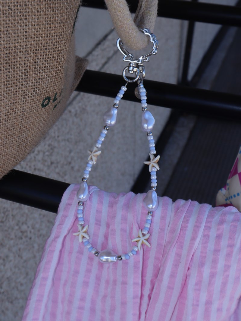 Blue starfish freshwater pearl charm bag pendant stainless steel beaded lanyard - Keychains - Crystal Blue