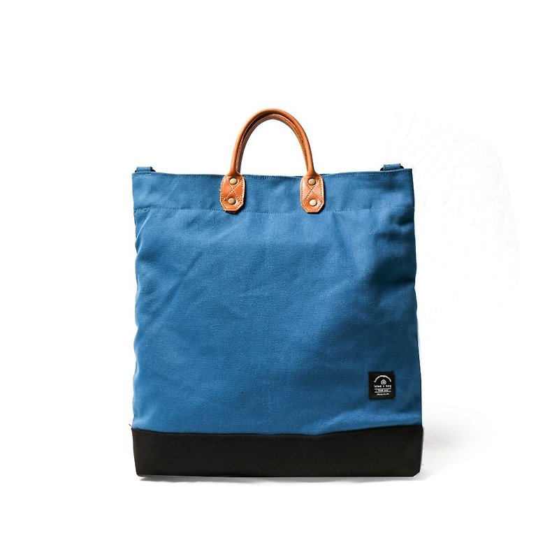 【出清品】簡約L號真皮帆布購物袋 手提 含背帶 天空藍 - 側背包/斜孭袋 - 棉．麻 藍色