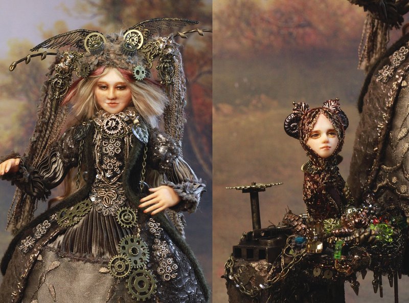 Steampunk Art Doll Arina and The Birdhouse She Built handmade collectible doll - 擺飾/家飾品 - 黏土 多色