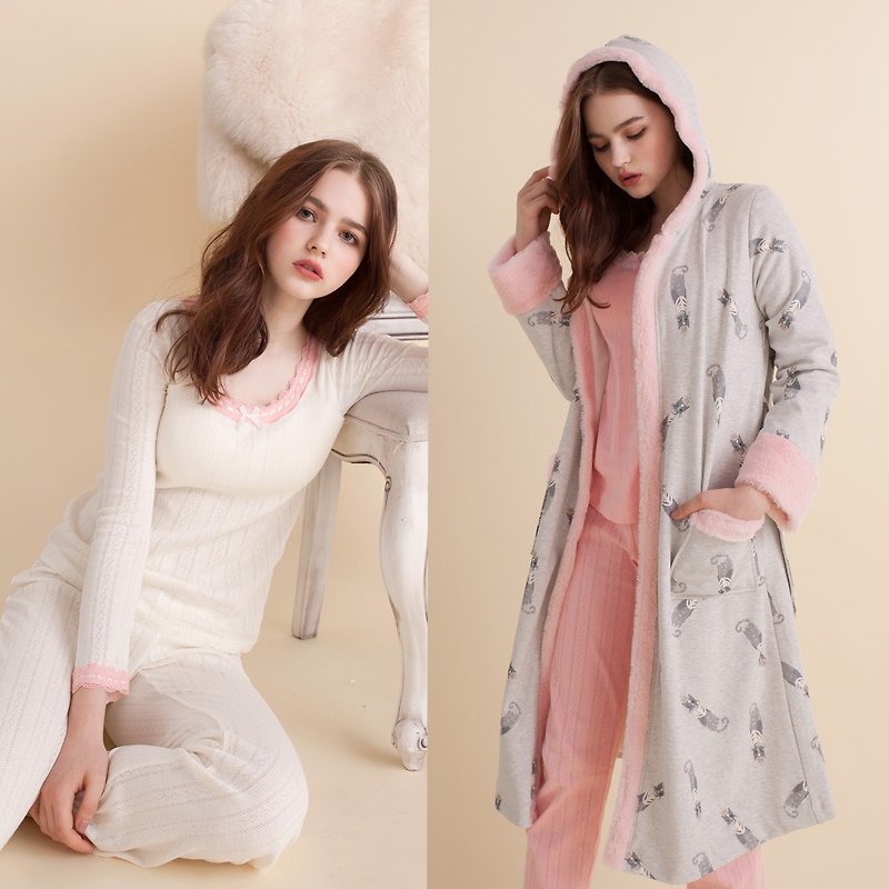 [Three-piece set - suit + robe] no steel ring pajamas [exclusive 2in1] cat Christmas - white - Loungewear & Sleepwear - Cotton & Hemp Multicolor