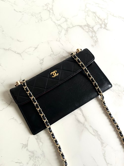 LA LUNE Vintage 日本鑑證古董品選物店 稀有中古二手Chanel黑色長夾錢包WOC皮夾側背單肩斜孭手拿袋小包