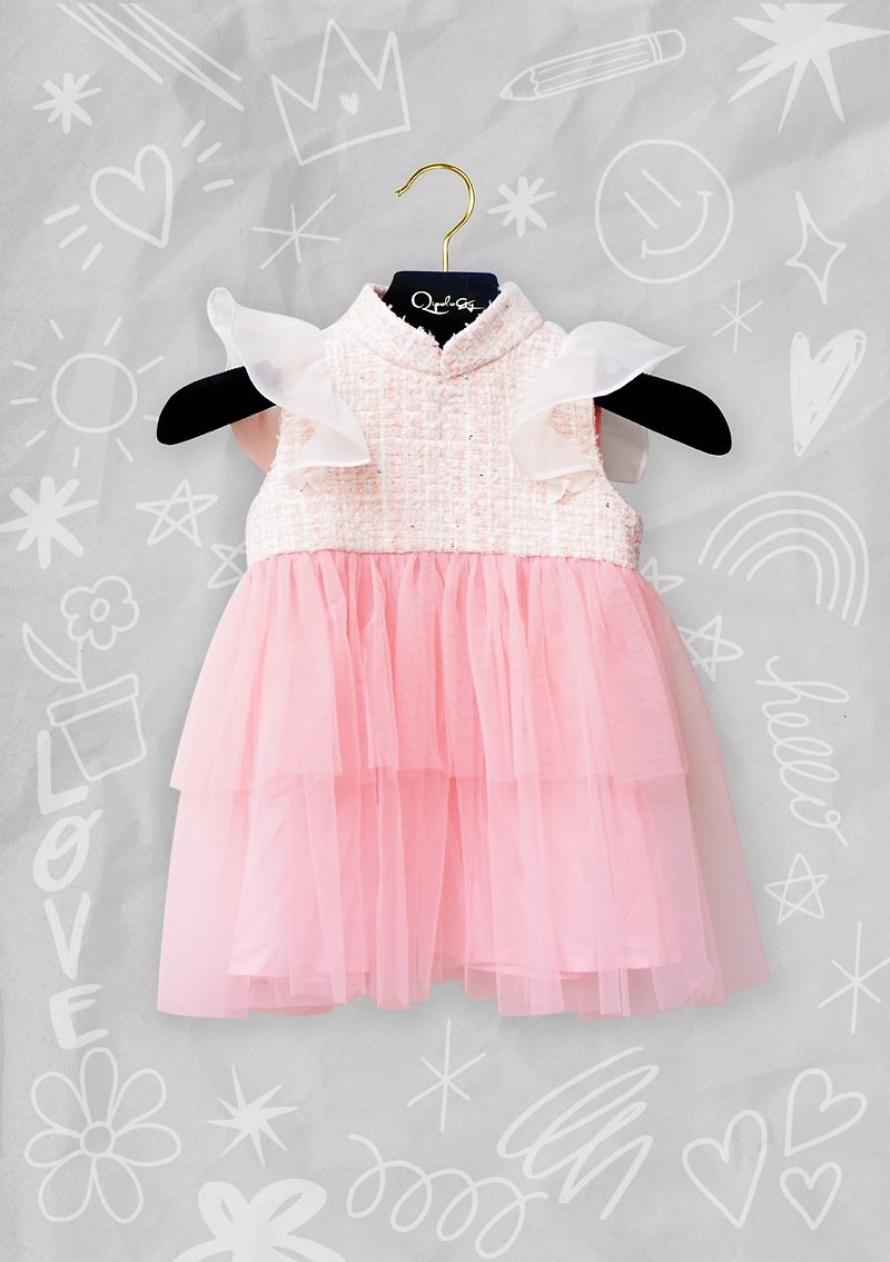 童裝花呢旗袍連身紗裙 (粉紅色/黃色) |香港設計|經典|可愛|新年 - 童裝禮服 - 棉．麻 粉紅色