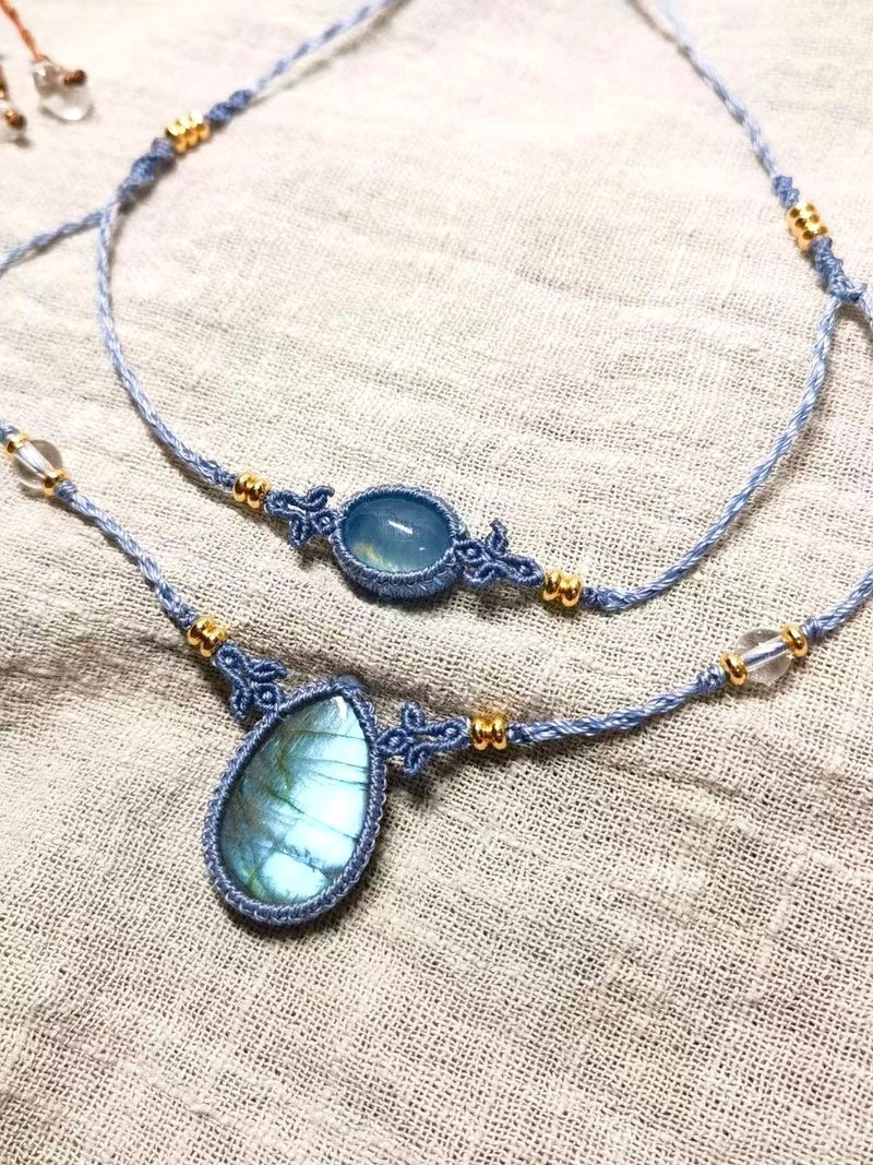 Crystoria Stone | Macrame | South American Wax Thread | Necklace | Blue Labradorite + Moon - สร้อยคอ - เครื่องเพชรพลอย สีน้ำเงิน