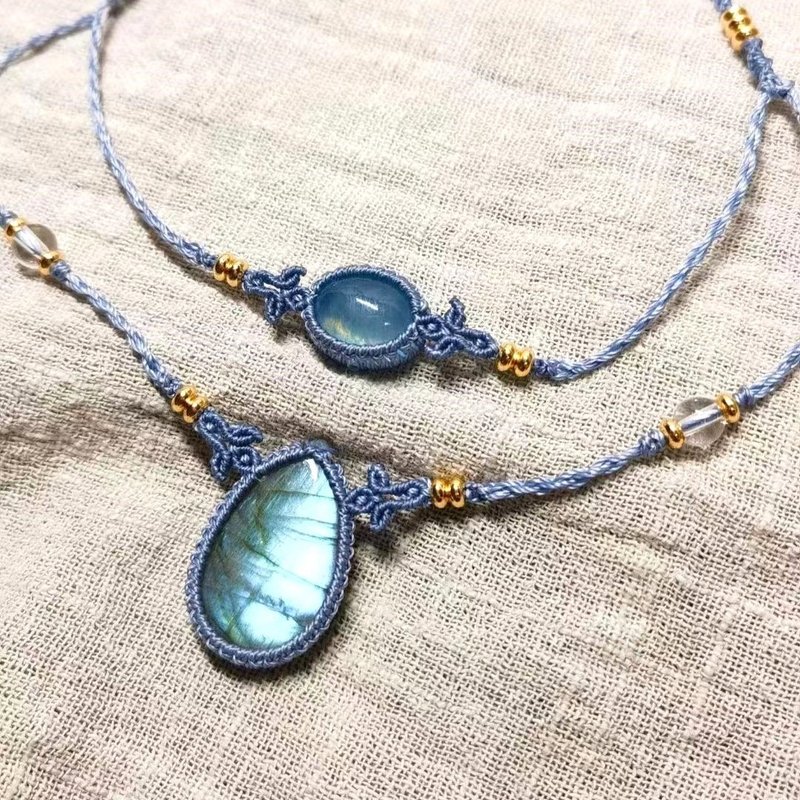 Crystoria Stone | Macrame | 南美蠟線 | 項鍊 | 拉長石+月亮石 - 項鍊 - 寶石 藍色
