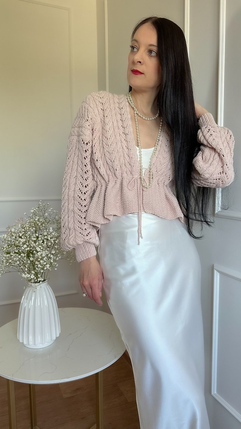 Lace blouse Hand knit cardigan Cotton sweater - สเวตเตอร์ผู้หญิง - ผ้าฝ้าย/ผ้าลินิน 