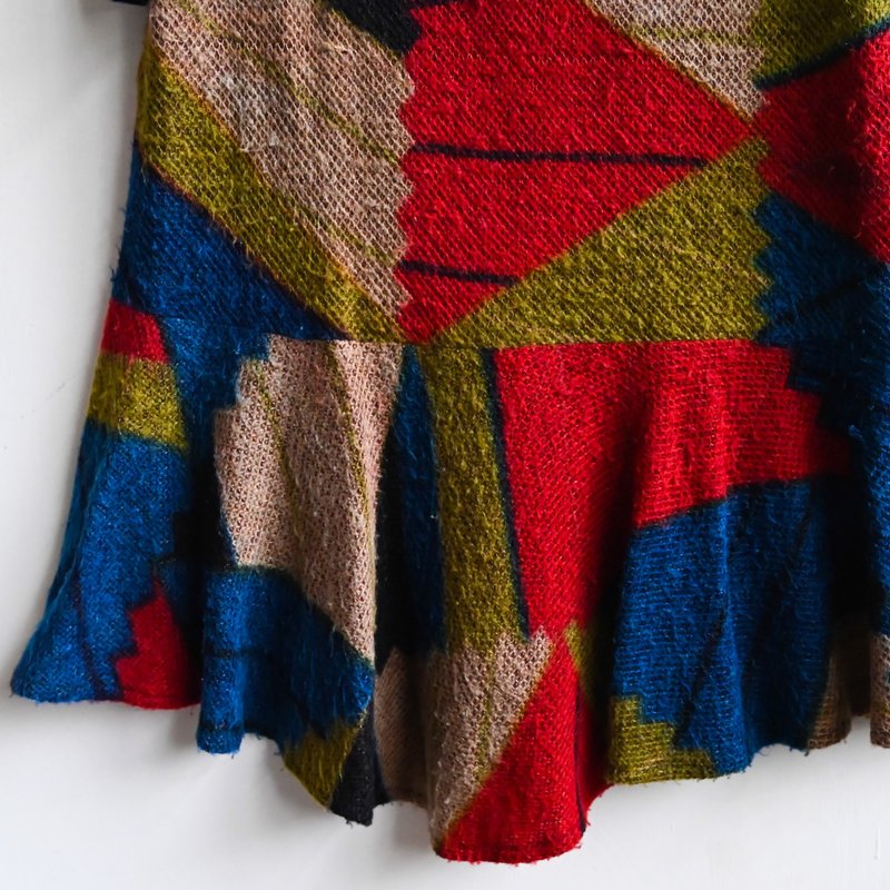 【Eggplant Vintage】Color Block Patchwork Wool Fishtail Vintage Dress - ชุดเดรส - ไฟเบอร์อื่นๆ 