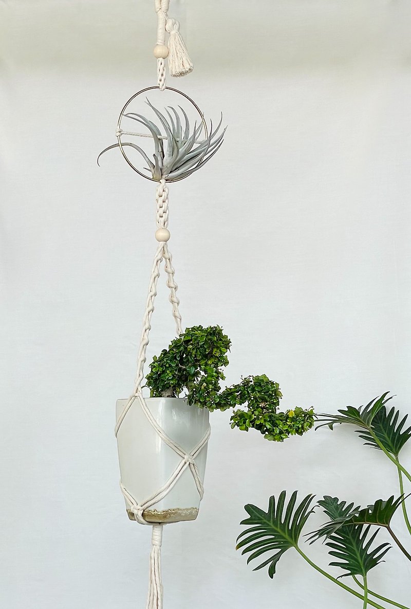 マクラメ織りの二層植物ハンギングバスケット - 観葉植物 - コットン・麻 ホワイト