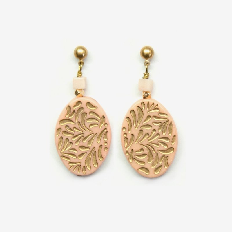 Etched Rose Pink Gold Vintage Acrylic Oval Earrings - ต่างหู - โลหะ สึชมพู