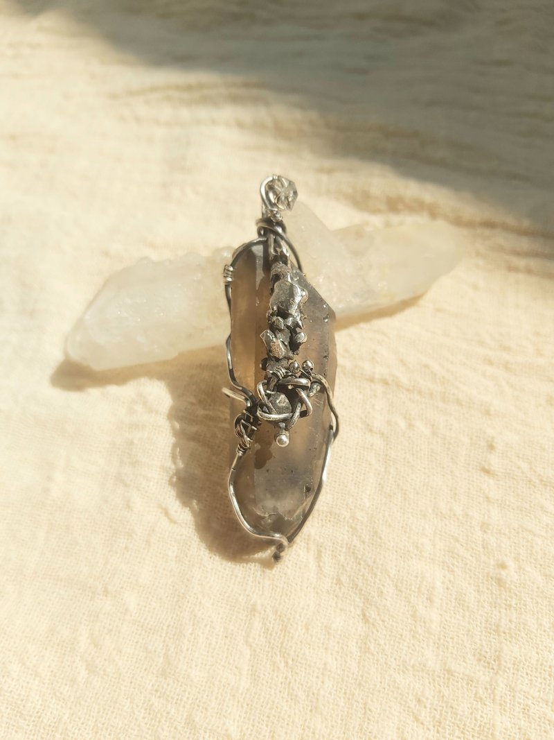 Natural black citrine Herkimon white crystal sterling silver pendant - สร้อยคอ - เงินแท้ 