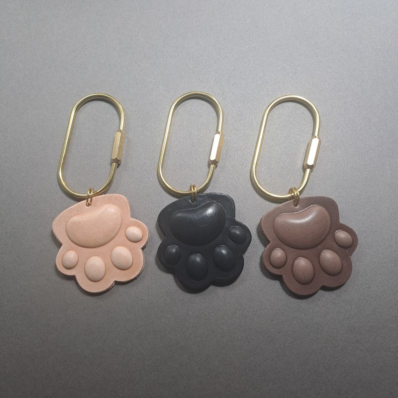 Handmade leather cat paw first layer cowhide vegetable tanned leather genuine leather keychain key ring engraved - Keychains - Genuine Leather 