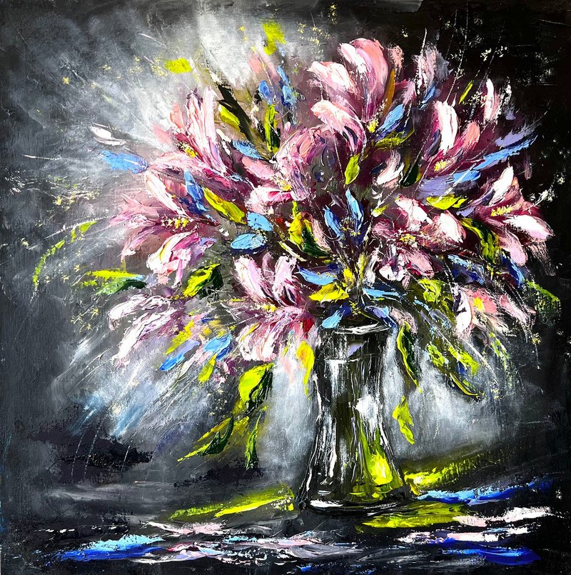 Flowers Painting Floral Original Art 40x40 cm/ 16x16 inch by AnaskoArt - 海報/掛畫/掛布 - 棉．麻 多色