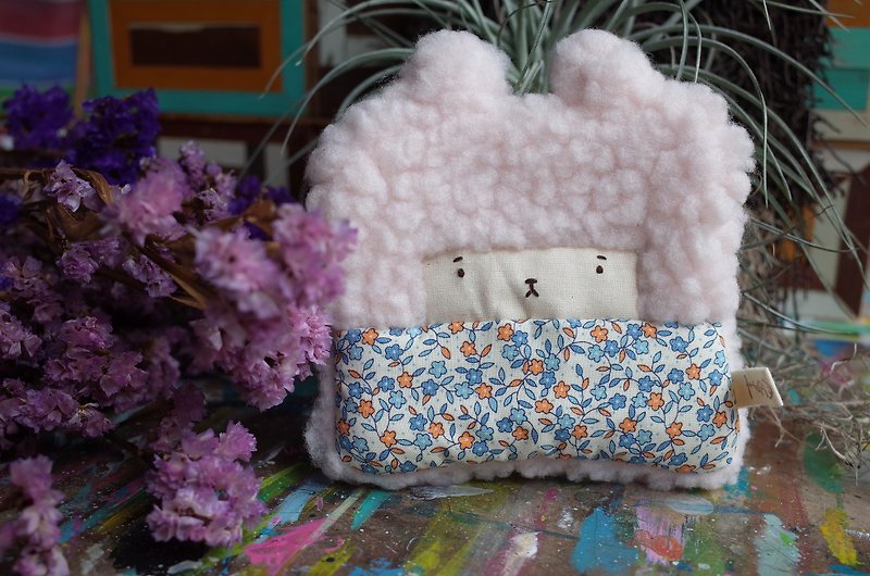 Duo rabbit rabbit coin purse - pink hair -174 blue flowers - Coin Purses - Cotton & Hemp Pink