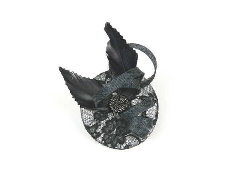 Fascinator Headpiece Feathered Black Sinamay Twirl, Silver Floral Lace Fabric and Vintage Button Cocktail Party Hat, Wedding Hat, Evening Fascinator, Hen Night Statement Hair Accessory - 髮夾/髮飾 - 其他材質 多色