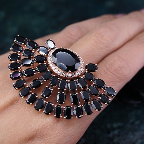 Edith Art & Jewellery 翩翩 - 黑色 尖晶石 純銀 電18K 玫瑰金 戒指
