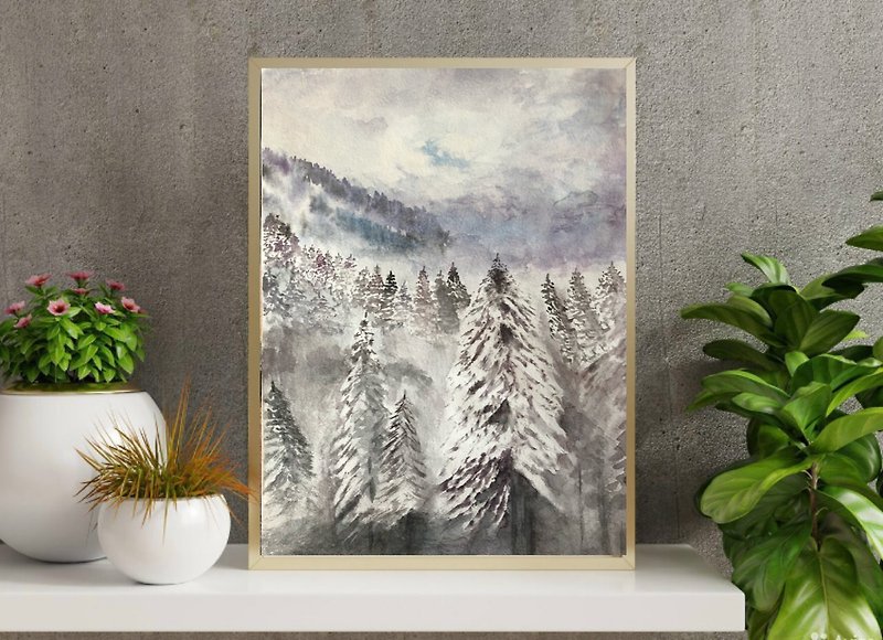 Winter forest original watercolour painting landscape modern painting wall art - 牆貼/牆身裝飾 - 其他材質 灰色
