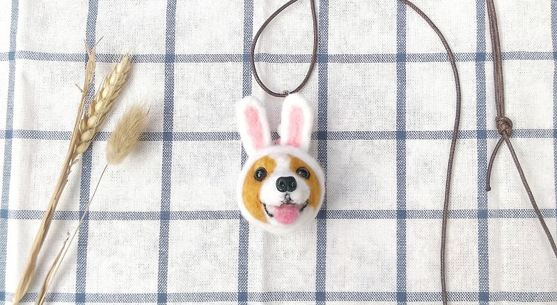 Needle Felt Dog Corgi With Rabbit Ears Hat Necklace - Necklaces - Wool Brown