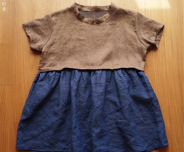 藍色2色棉麻拼布清涼夏日文藝寬鬆立領拼接短袖上衣可做洋裝- 設計館時