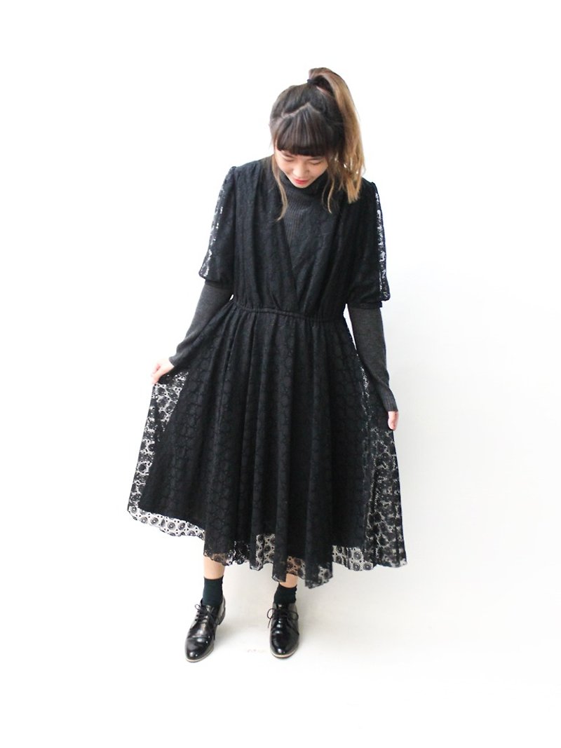 日本製復古大人感黑色蕾絲五分袖古著洋裝 - 連身裙 - 聚酯纖維 黑色