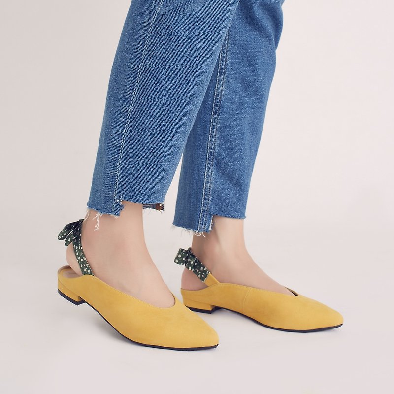 Back lace Muller! Knotted small gift pointed shoes yellow full leather MIT sunflower - Women's Leather Shoes - Genuine Leather Yellow