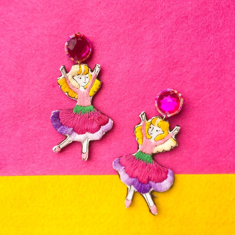 Dancing Little me hand printing Embroidery earring flora dress - ต่างหู - งานปัก สีม่วง