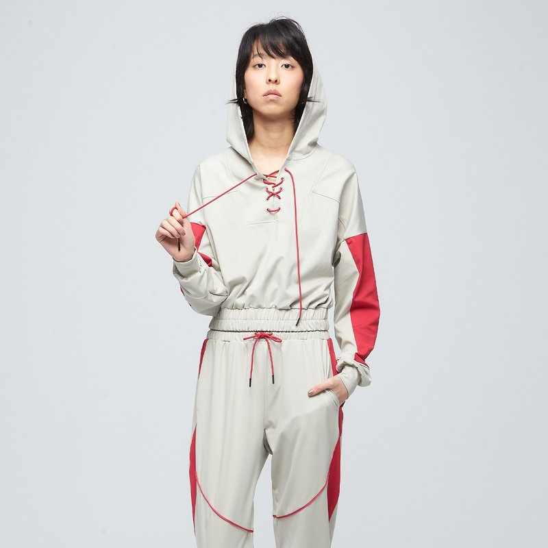 拼接logo短版連帽上衣(女)-灰毛柳 - 帽T/大學T - 聚酯纖維 多色