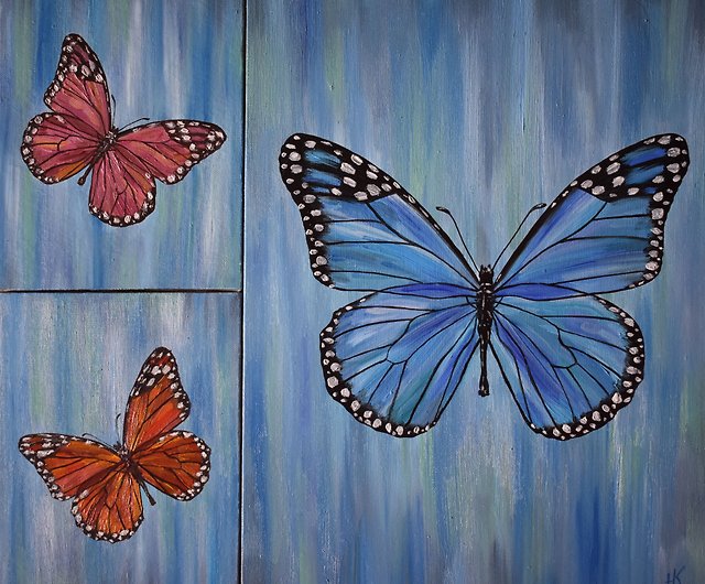 蝶の絵キャンバス油絵オリジナルアート三連祭壇画油絵青 - ショップ