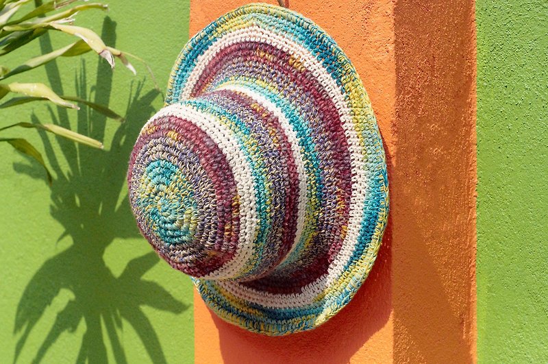 A limited edition hand-woven cotton Linen cap / knit cap / hat / visor / hat - Turkish Mediterranean coast blue gradient stripes bright colorful hand-woven hats - Hats & Caps - Cotton & Hemp Multicolor