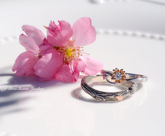 ハンドメイド シルバー925＋14Kゴールド×スワロフスキー【桜】10
