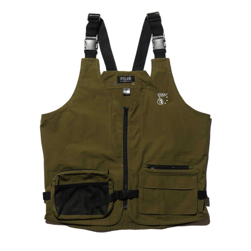 日本限定 POLER CT RIP POCKET VEST 工裝多功能吊帶背心 橄欖綠 - 男背心 - 其他材質 多色