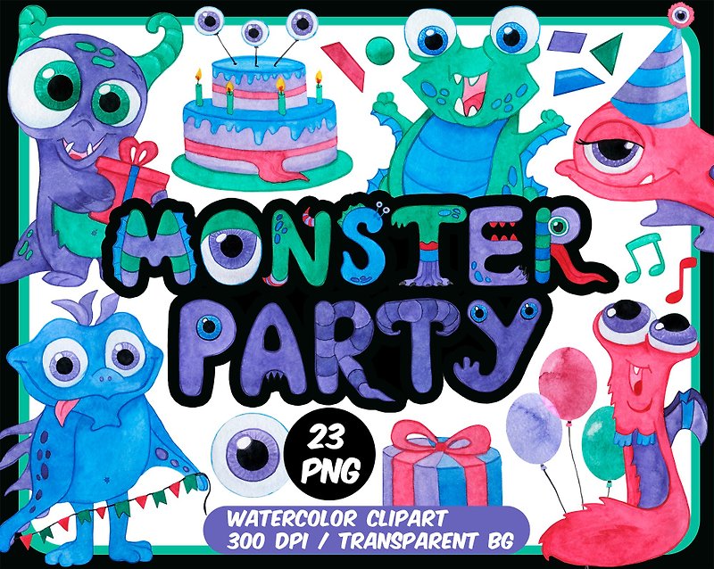 Watercolor Monsters party clipart set - Birthday decor png - วาดภาพ/ศิลปะการเขียน - วัสดุอื่นๆ หลากหลายสี