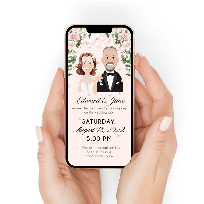 Pretty custom illustrated wedding invitation. Online portrait invitations. - 電子喜帖/賀卡/邀請函 - 其他材質 