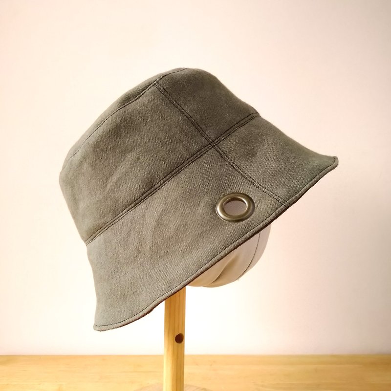 糸文 雙面戴棉布漁夫帽-灰綠/咖啡 頭圍60cm - 帽子 - 棉．麻 綠色