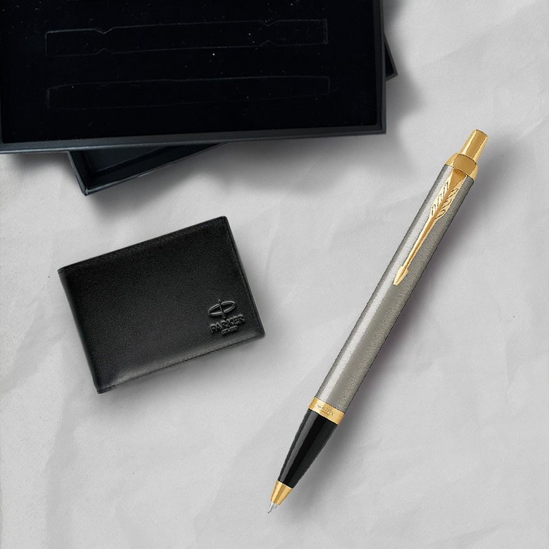 Parker 派克新IM 鋼桿金夾原子筆 牛皮短夾禮盒 免費刻字 - 原子筆/中性筆 - 其他金屬 銀色