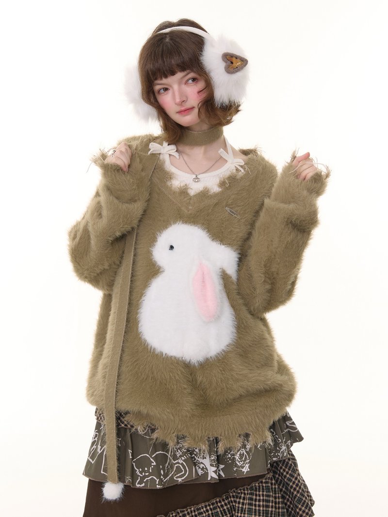 ziziFei秋冬新款美式復古設計感慵懶風軟糯毛絨兔子破邊V領毛衣女 - 女裝毛衣/針織衫 - 其他材質 