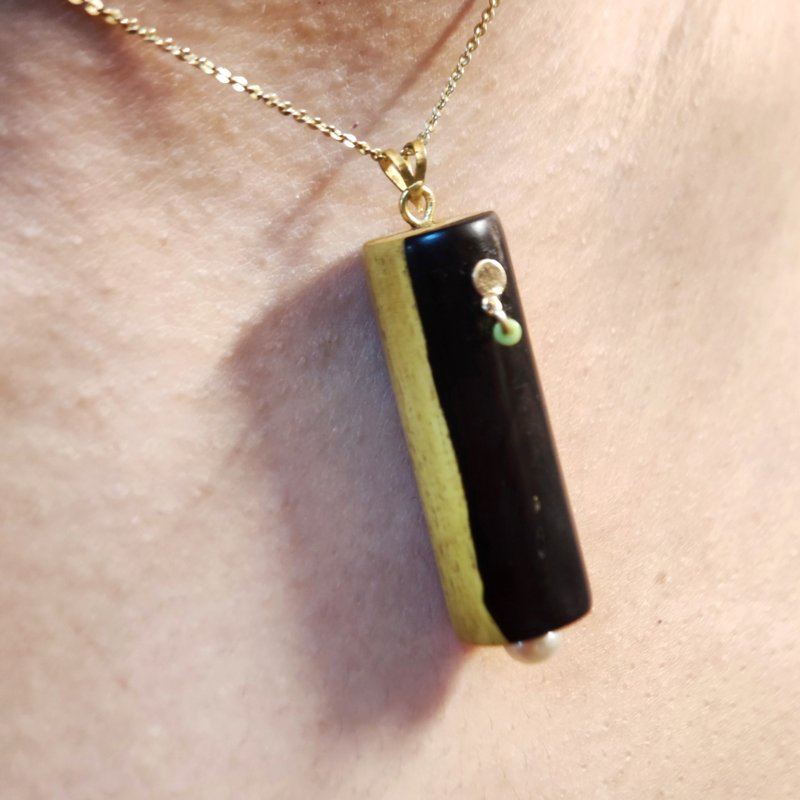 Wooden handmade pendant. with 18k gold with pearl. Necklace.  Ebony - สร้อยคอ - ไม้ 