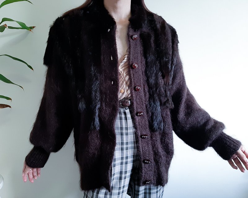 Vintage Mohair Wool Knit Cardigan jacket With Fur Dark Brown knit oversize M - L - Women's Sweaters - Wool Brown