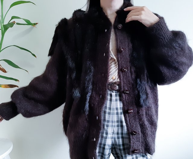 Vintage Mohair Wool Knit Cardigan jacket With Fur Dark Brown knit