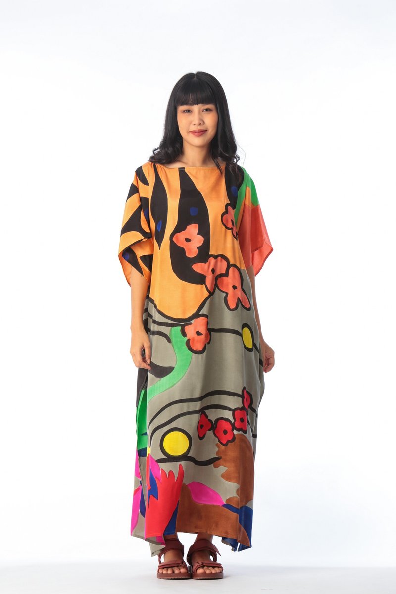 Hand Painted Cotton Silk Kaftan for Summer Resort Vacation F - 洋裝/連身裙 - 棉．麻 灰色