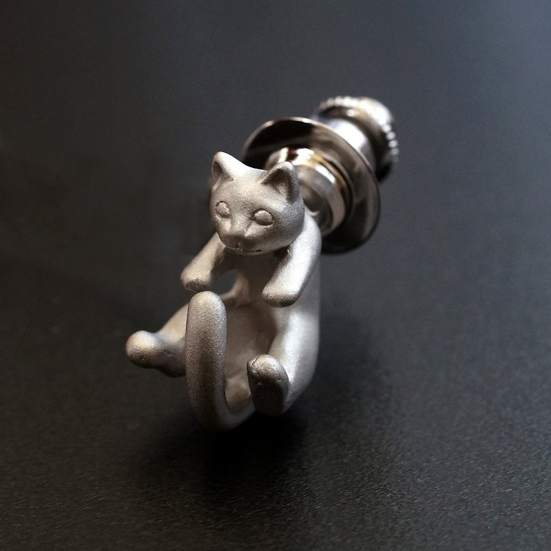 Cat Pin Broach Latte Brass Silver Coating - Brooches - Other Metals Silver