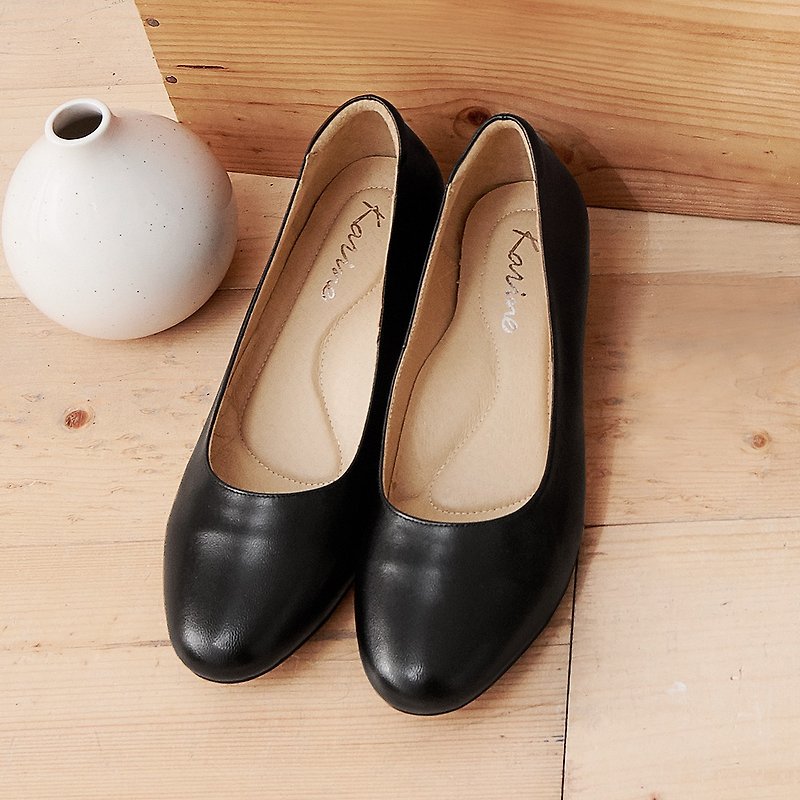 Black 3cm full leather plain chunky low-heeled shoes - รองเท้าส้นสูง - หนังแท้ 